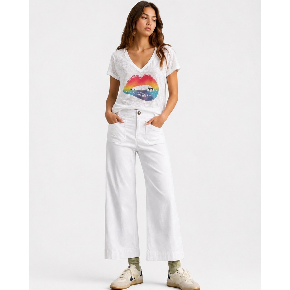 Lauren Moshi Womens White Rainbow Lips Graphic V-Neck T-Shirt Size M‎ USA Made